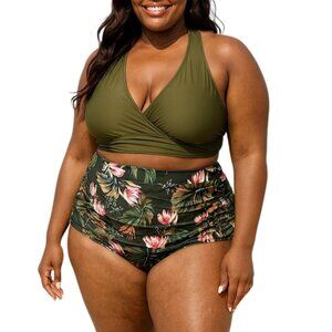 Hanna Nikole 12W Plus Size Bikini Set Two-Piece Olive Floral Halter High Waisted